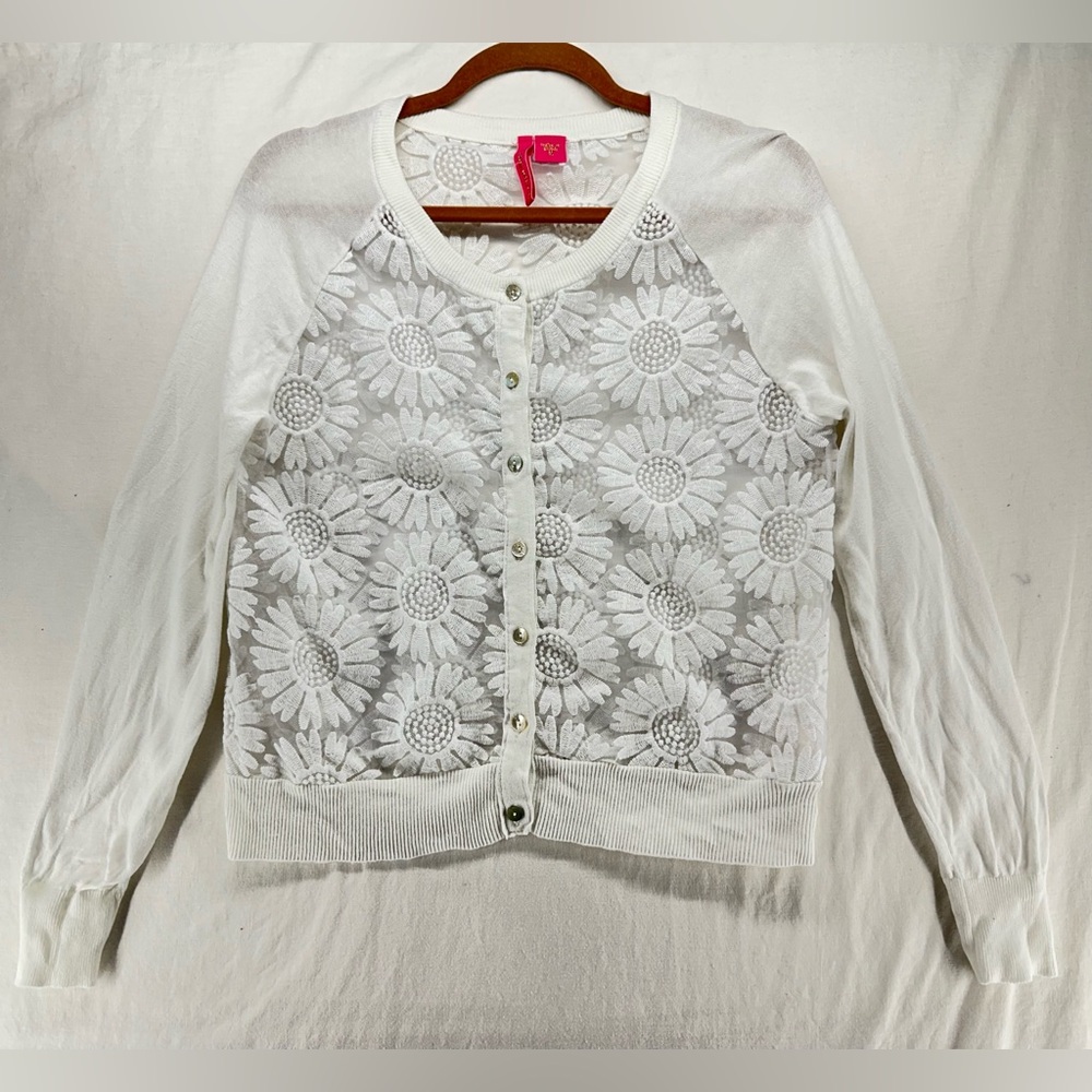 Charlotte Tarantola Floral Chiffon Cardigan Sweater‎ Sheer Bodice Button Front M